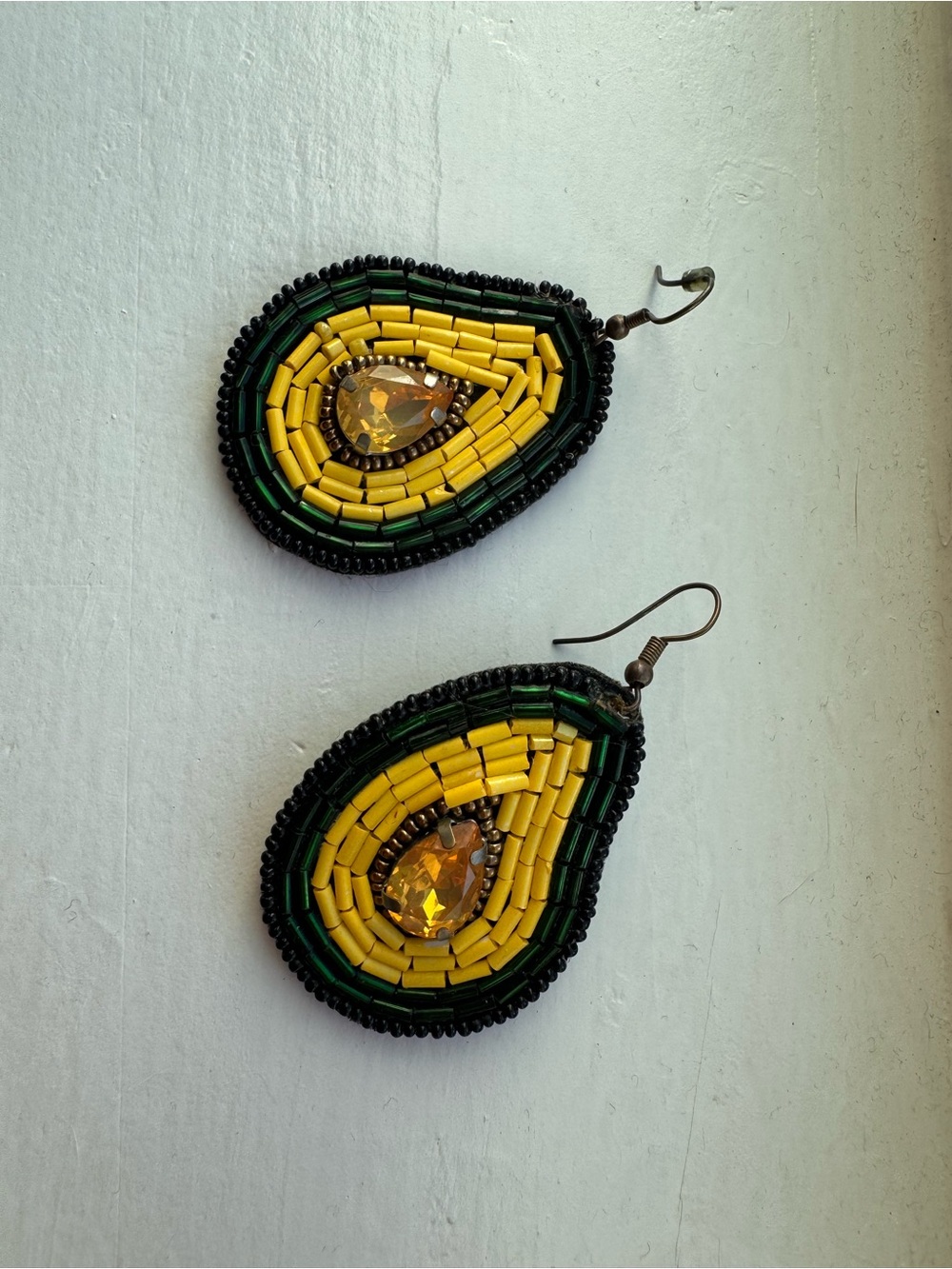 Handcrafted Beaded avocado shape Glass Dangle Hook Earrings Yellow Green Black